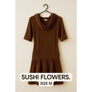 Chocolate Brown Sweater Dress - Cowl Neck Short‎ Sleeve Drop Waist Sushi Flowers